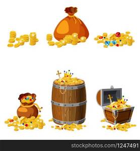 Set Treasure, gold, coins, bars jewels crown sword chest barrel. Set Treasure, gold, coins, bars, jewels, crown, sword, chest, barrel, vector, isolated, cartoon style, for games, apps, white background