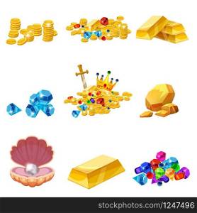 Set Treasure, gold, coins, rock gold nugget bars jewels crown. Set Treasure, gold, coins, rock gold nugget, bars, jewels, crown, shell pearl. Vector, isolated, cartoon style, for games, apps, white background
