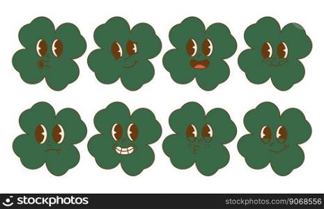Set Trendy retro cartoon character clover with four leaf. Happy Saint Patrick s Day. Groovy style, vintage, 70s 60s aesthetics. Vector illustration