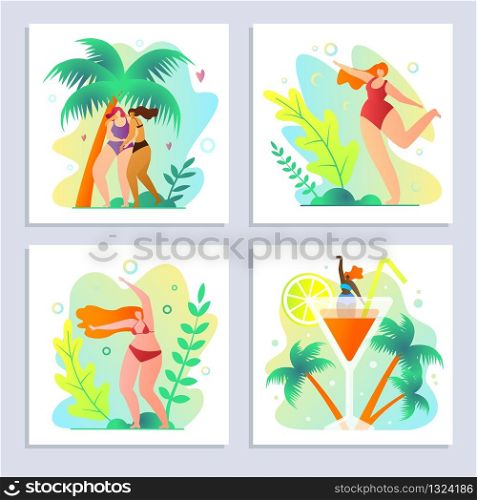 Set Trip and Rest on Tropical Island Cartoon. Ideas Outdoor Activities on Beach for Single Women. Gymnastics and Dancing at Resort. Cocktails and Drinks Around Clock. Vector Illustration.