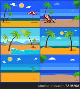 Set tropical coastline views vector illustrations palm trees, ocean and sand, chaise lounge and umbrella, set of postcards summertime design backgrounds. Set Tropical Coastline Views Vector Illustrations