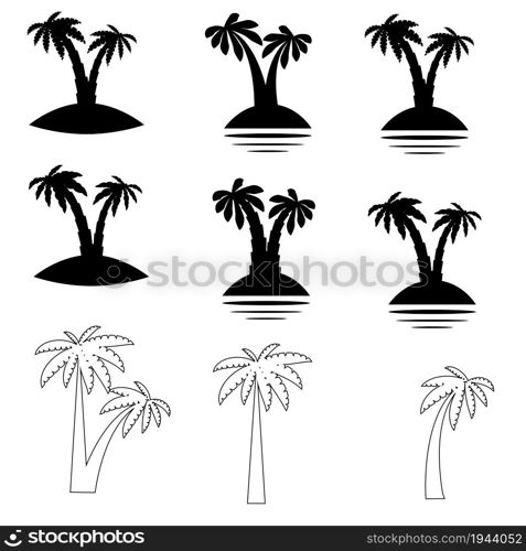 Set tropical palm trees with leaves, mature and young plants, black silhouettes isolated on white background. Set tropical palm trees with leaves, mature and young plants, black silhouettes isolated on white background.