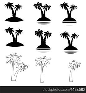 Set tropical palm trees with leaves, mature and young plants, black silhouettes isolated on white background. Set tropical palm trees with leaves, mature and young plants, black silhouettes isolated on white background.