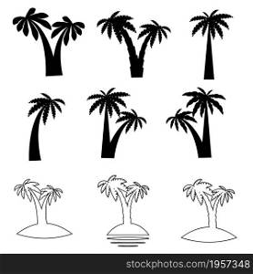 Set tropical palm trees with leaves, mature and young plants, black silhouettes isolated on white background. Set tropical palm trees with leaves, mature and young plants, black silhouettes isolated on white background.
