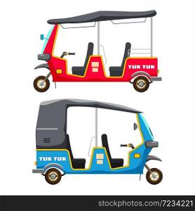 Set Tuk Tuk Asian auto rickshaw three wheeler tricycle. Set Tuk Tuk Asian auto rickshaw three wheeler tricycles red and blue. Thailand, Indian countries baby taxi. Vector illustration isolated cartoon style