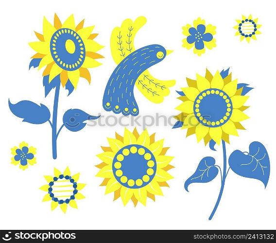 set Ukrainian symbols. Decorative bird and flowers, sunflowers. in yellow and blue, in colors of Ukrainian flag. Vector illustration. Isolated elements for decor, design, print and decoration