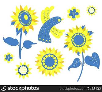set Ukrainian symbols. Decorative bird and flowers, sunflowers. in yellow and blue, in colors of Ukrainian flag. Vector illustration. Isolated elements for decor, design, print and decoration
