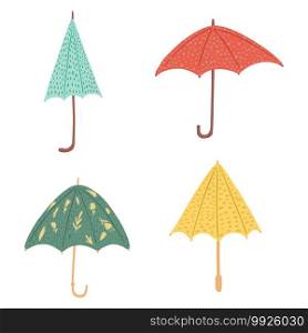 Set umbrellas different forms on white background. Abstract umbrellas red, blue, yellow and green color with flowers and polka dot in style doodle vector illustration.. Set umbrellas different forms on white background. Abstract umbrellas red, blue, yellow and green color with flowers and polka dot in style doodle.