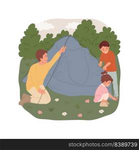 Set up a tent isolated cartoon vector illustration. Father and kids setting up a tent, family c&ing, forest adventure, children helping parents helping on c&site, holiday vector cartoon.. Set up a tent isolated cartoon vector illustration.