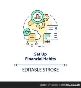 Set up financial habits concept icon. Managing small business finance guide abstract idea thin line illustration. Isolated outline drawing. Editable stroke. Arial, Myriad Pro-Bold fonts used. Set up financial habits concept icon
