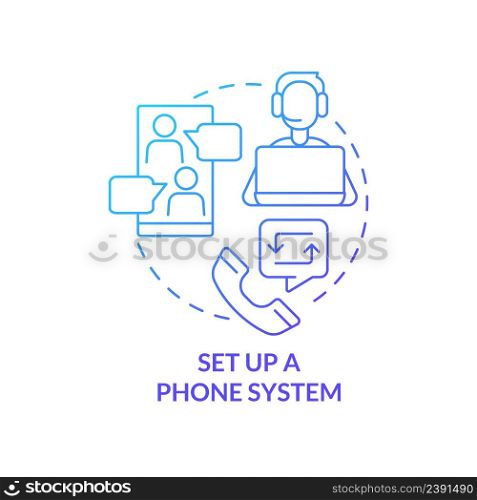 Set up phone system blue gradient concept icon. Online workplace tool. Step to start virtual office abstract idea thin line illustration. Isolated outline drawing. Myriad Pro-Bold font used. Set up phone system blue gradient concept icon
