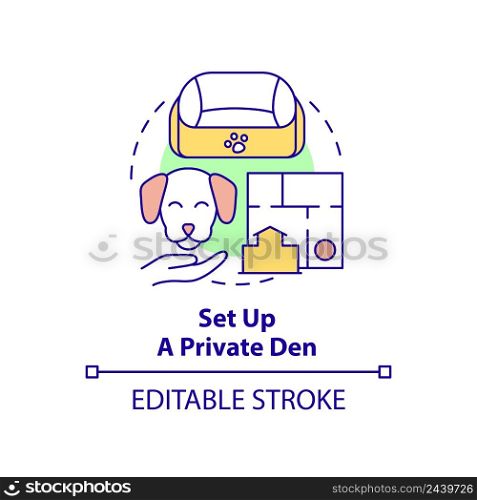 Set up private den concept icon. Obedience training for dog abstract idea thin line illustration. Safe, comfortable place. Isolated outline drawing. Editable stroke. Arial, Myriad Pro-Bold fonts used. Set up private den concept icon