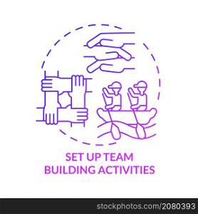 Set up team building activities purple gradient concept icon. Team culture abstract idea thin line illustration. Isolated outline drawing. Roboto-Medium, Myriad Pro-Bold fonts used. Set up team building activities purple gradient concept icon