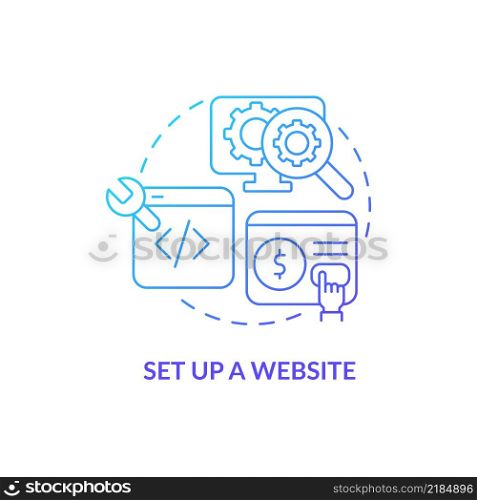 Set up website blue gradient concept icon. Online site for sales. How to start export business abstract idea thin line illustration. Isolated outline drawing. Myriad Pro-Bold fonts used. Set up website blue gradient concept icon