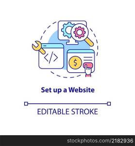 Set up website concept icon. Online site for sales. How to start export business abstract idea thin line illustration. Isolated outline drawing. Editable stroke. Arial, Myriad Pro-Bold fonts used. Set up website concept icon