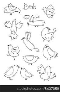 Set variety of abstract birds. Simple line design. Coloring book page. Vector illustration. Set variety of abstract birds. Simple line design. Coloring book page. Vector illustration.