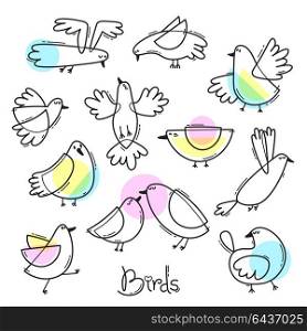 Set variety of abstract birds. Simple line design. Vector illustration. Set variety of abstract birds. Simple line design. Vector illustration.