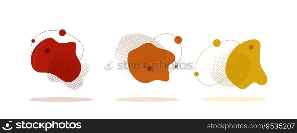 Set Vector abstract dynamic blots for modern style designs. Red, orange, yellow flat fluid blob, liquid stain. Geometric element for copy space, idea backdrop, background, card, pattern, flyer, web.. Set Vector abstract dynamic blots. Modern designs. Red, orange, yellow flat fluid blob, liquid stain