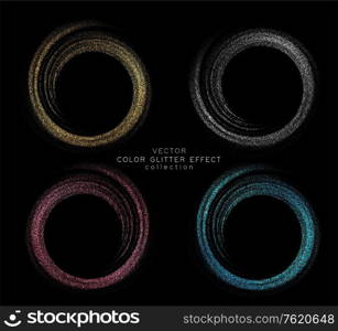 Set vector Abstract shiny color gold swirl design element with glitter effect on dark background. Collection Fashion sequins for voucher, website and advertising design. Abstract shiny color gold sequins swirl design element
