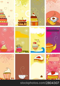 Set vector cards with sweets and tea