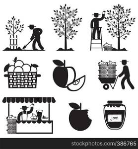 set vector icons of apple agriculture and processing
