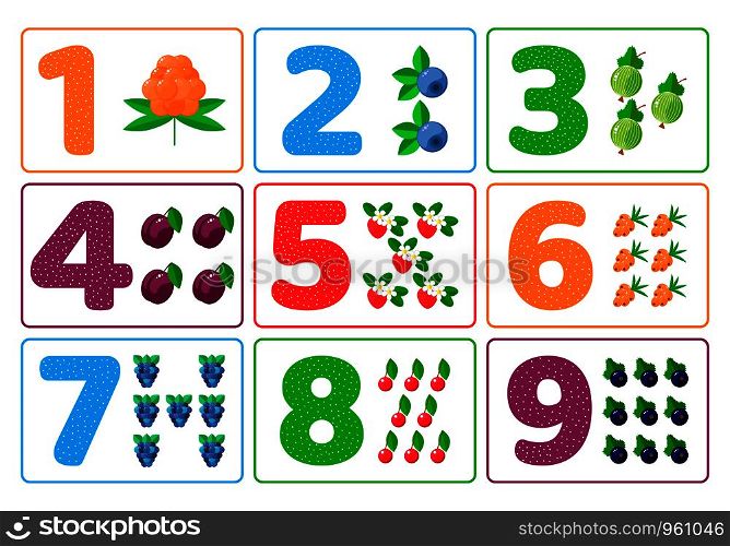 Set. Vector illustration. Count for kids. Berries. Color numbers. The study of mathematics for children of kindergarten, preschool age.