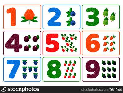 Set. Vector illustration. Count for kids. Berries. Color numbers. The study of mathematics for children of kindergarten, preschool age.
