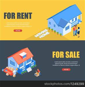 Set Vector Illustration for Rent and For Sale. Lettering Moving Home. Couple Collaborates with Realtor Search New Comfortable Housing. Man and Woman Rejoice and Have Fun when Moving to New Home.. Vector Illustration for Rent and For Sale Banner.
