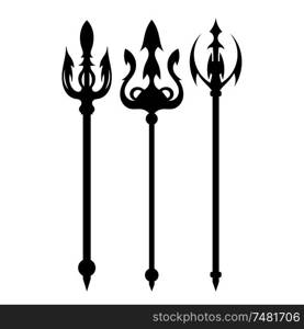 Set vector illustration of abstract black trident on a white background. Isolated objects. Ancient weapon. Mythical war materials.