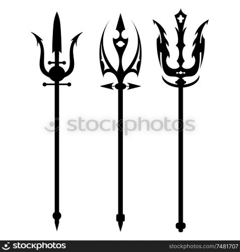 Set vector illustration of abstract black trident on a white background. Isolated objects. Ancient weapon. Mythical war weapons.