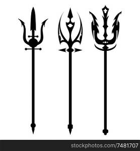 Set vector illustration of abstract black trident on a white background. Isolated objects. Ancient weapon. Mythical war weapons.