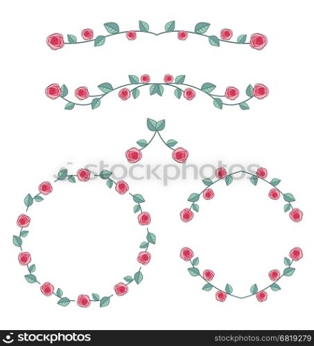 Set vector illustration of roses frame, romantic decoration flowers with leaves