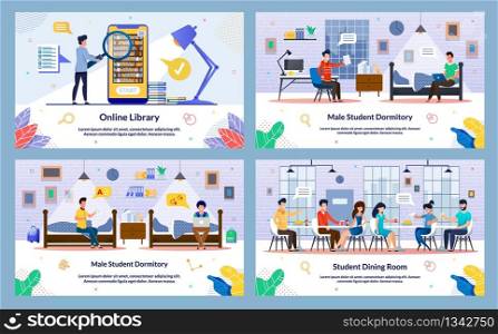 Set Vector Illustration, Online Library, Slide. Male Student Dormitory, Student Dining Room. Comfortable Accommodation While Studying at University. Guys are Sitting on Bed Student Dorm.