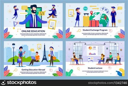Set Vector Illustration Student Lecture, Slide. Banner Online Education, Getting Education Abroad, Student Exchange Program. Guy and Girl with Tourist Backpacks Met City Near Historical Monument.