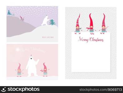 Set vector illustration with cute christmas elves in a striped red hats and polar bear. Christmas tree and copy space. Template for merry christmas and new year cards, greetings, banners or posters.