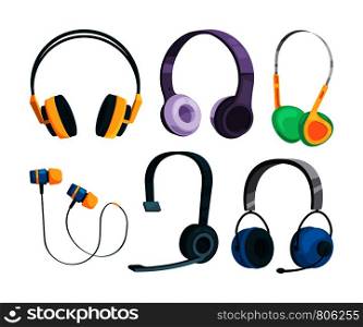 Set vector illustrations of various headphones. Headset equipment stereo music, sound and audio. Set vector illustrations of various headphones