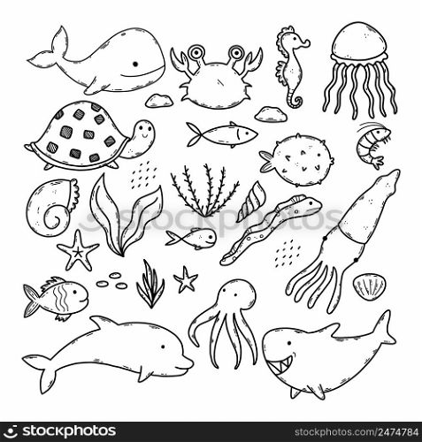 Set vector illustrations with marine animals. Collection doodle drawings. Coloring book for children. World Ocean Day. Design postcard.