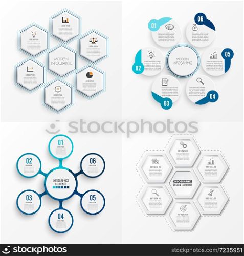 Set vector infographic template with 3D paper label, integrated circles. Business concept set with 6 options. For content, diagram, flowchart, steps, parts, timeline infographics, workflow, chart.
