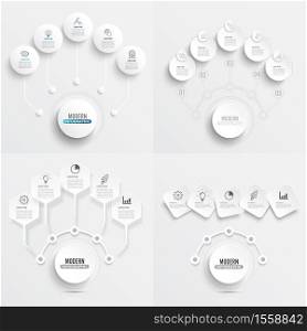 Set vector infographic template with 3D paper label, integrated circles. Business concept with five options. For content, diagram, flowchart, steps, parts, timeline infographics, workflow layout, chart.
