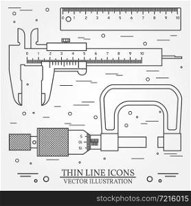 Set vector thin line icons caliper, ruler and micrometer. For web design and application interface, also useful for infographics. Vector dark grey. Vector illustration.. Set vector thin line icons caliper, ruler and micrometer. For