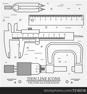 Set vector thin line icons caliper, ruler, pair of compass and micrometer. For web design and application interface, also useful for infographics. Vector dark grey. Vector illustration.. Set vector thin line icons caliper, ruler, pair of compass and