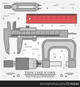 Set vector thin line icons caliper, ruler, pair of compass and micrometer. For web design and application interface, also useful for infographics. Vector dark grey. Vector illustration.. Set vector thin line icons caliper, ruler, pair of compass and
