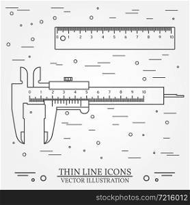 Set vector thin line icons calipers and ruler. For web design and application interface, also useful for infographics. Vector dark grey. Vector illustration.. Set vector thin line icons calipers and ruler. For web design an