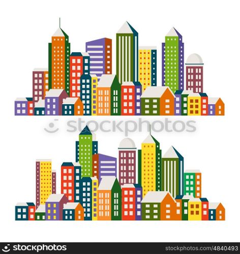 Set view of the city in the style of the urban landscape of the flat. Set view of the city