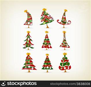 set vintage christmas tree with icon and element