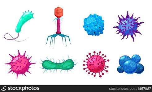 Set Viruses bacterias germs microorganisms disease-causing objects pandemic microbes, fungi infection. Set Viruses bacterias germs microorganisms disease-causing objects pandemic microbes, fungi infection. Vector isolated illustration cartoon style icon