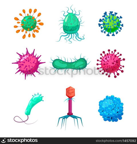 Set Viruses bacterias germs microorganisms disease-causing objects pandemic microbes, fungi infection. Set Viruses bacterias germs microorganisms disease-causing objects pandemic microbes, fungi infection. Vector isolated illustration cartoon style icon