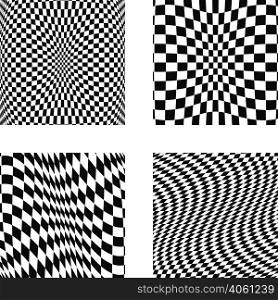 Set volumetric illusions with square mesh 3D geometric latticed textures. Design elements set. Vector art.. Set volumetric illusions