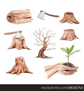Set watercolor deforestation on a white Royalty Free Vector