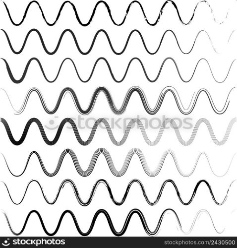Set waves of a zigzag with rounded corners, hand painted with various brushes, vector concept irregularities